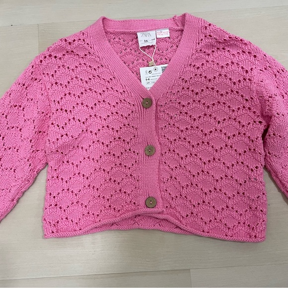 NWT Zara Girl's 5-6 Open Knit Cardigan Sweater Pink Button Down V Neck - Picture 3 of 11